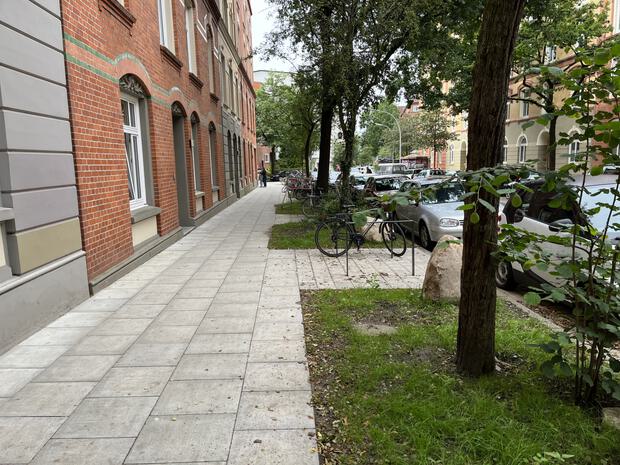 Gelungene Integration der vorhanden Straßenbäume mit zusätzlichen Fahrradbügeln