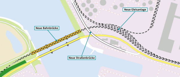 Die geplanten Bahn- und Straßenanlagen an der neuen Kattwykbrücke