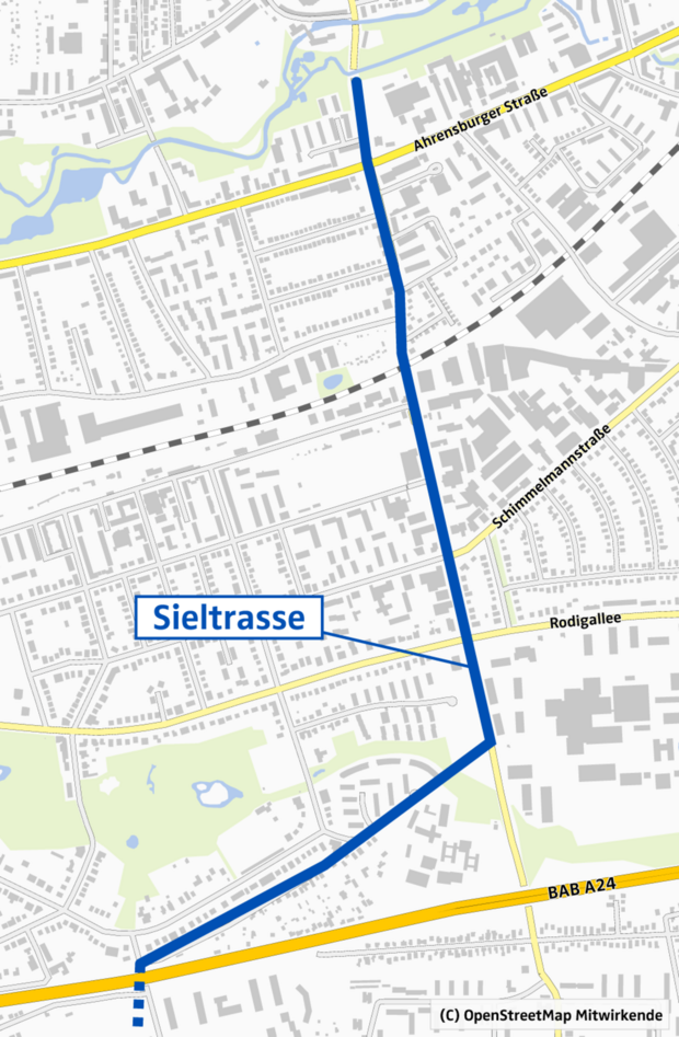 Geplante und umgesetztes Siel unter Hamburgs Straßen von der Wandse bis zur A24